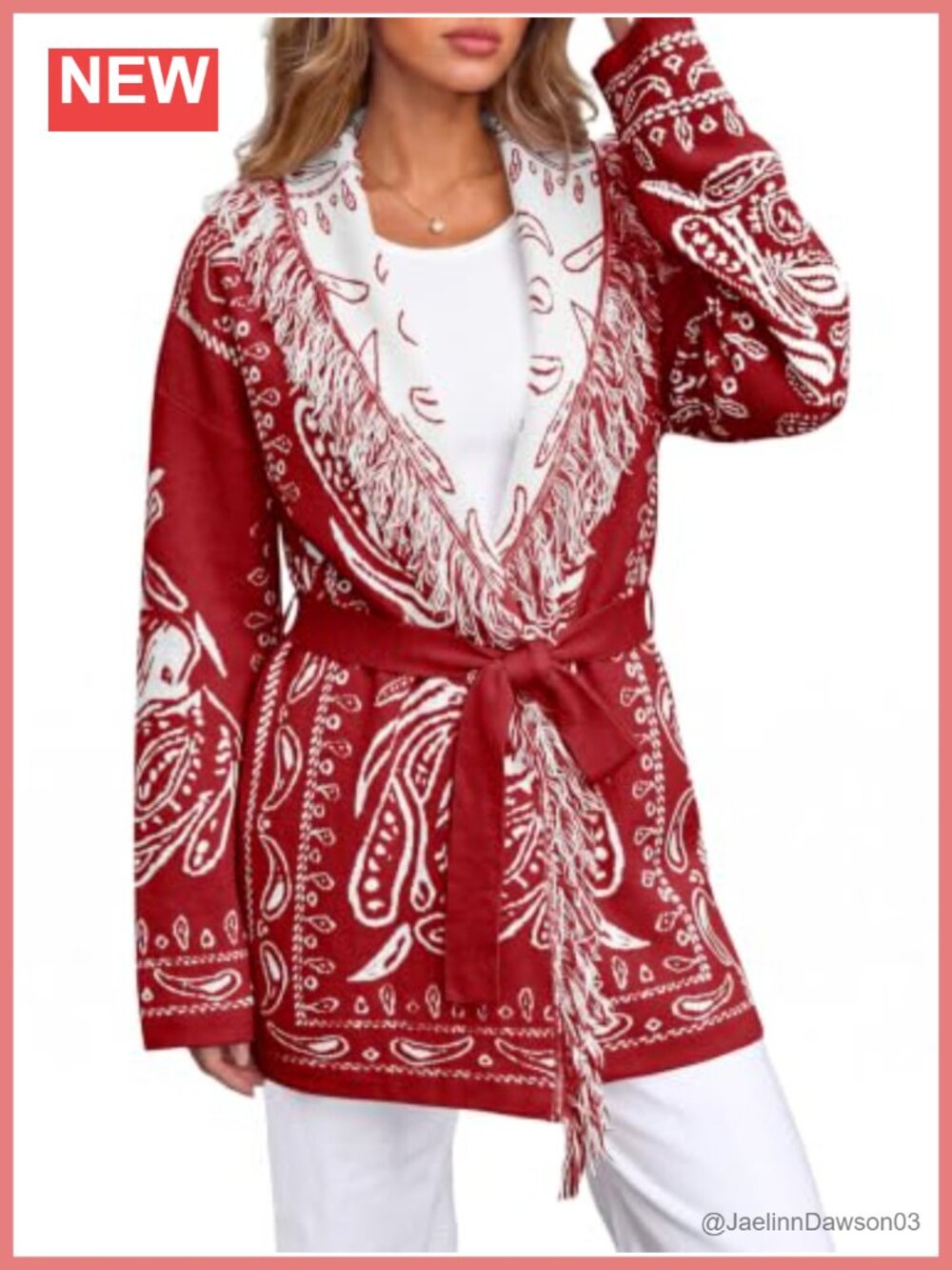 Tassel Shawl Collar Cardigan Paisley Wrap Sweater with Belt